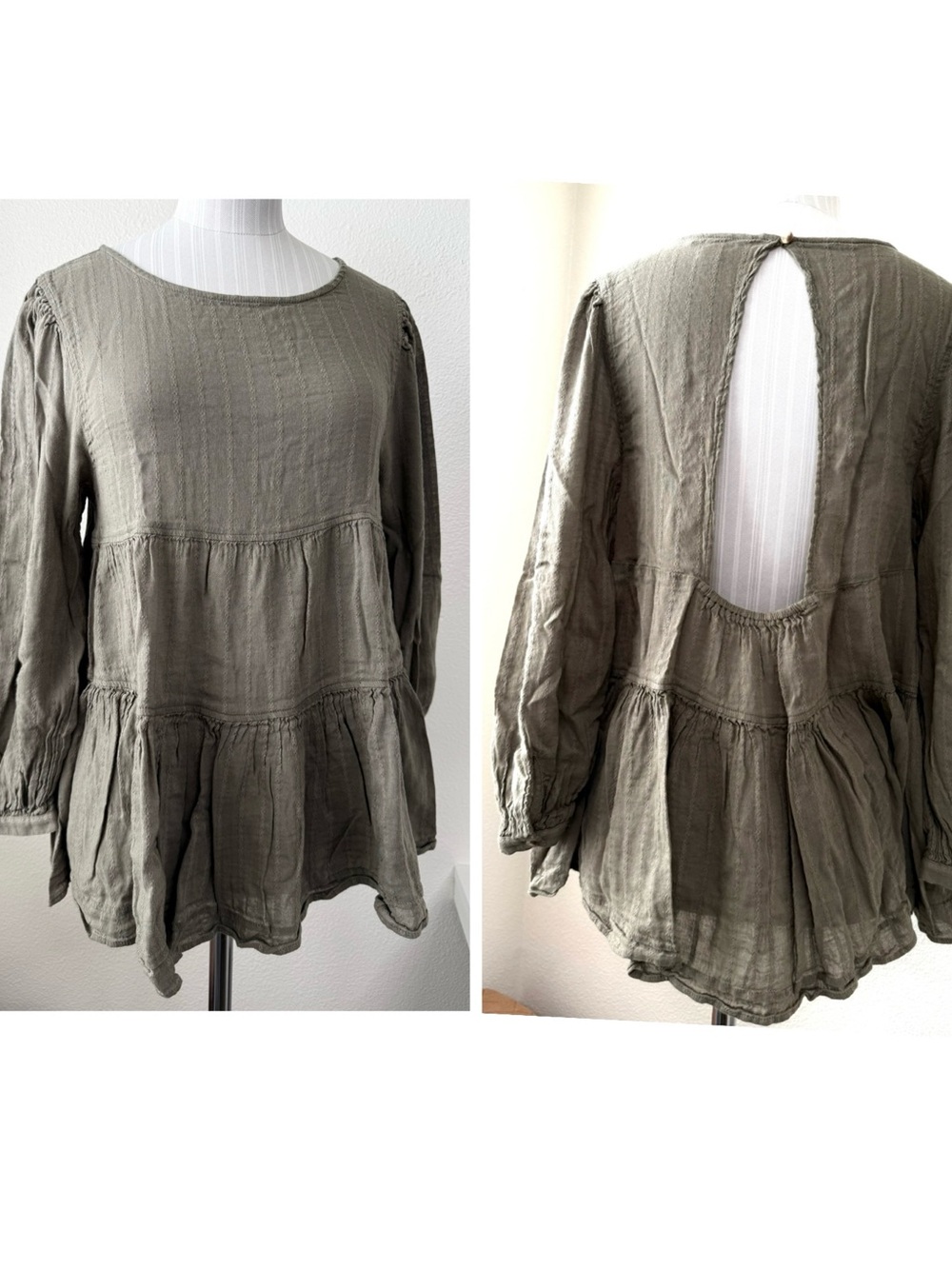 American Eagle Olive Green Tiered Babydoll Peasant Top Open Back Cotton Blend XS